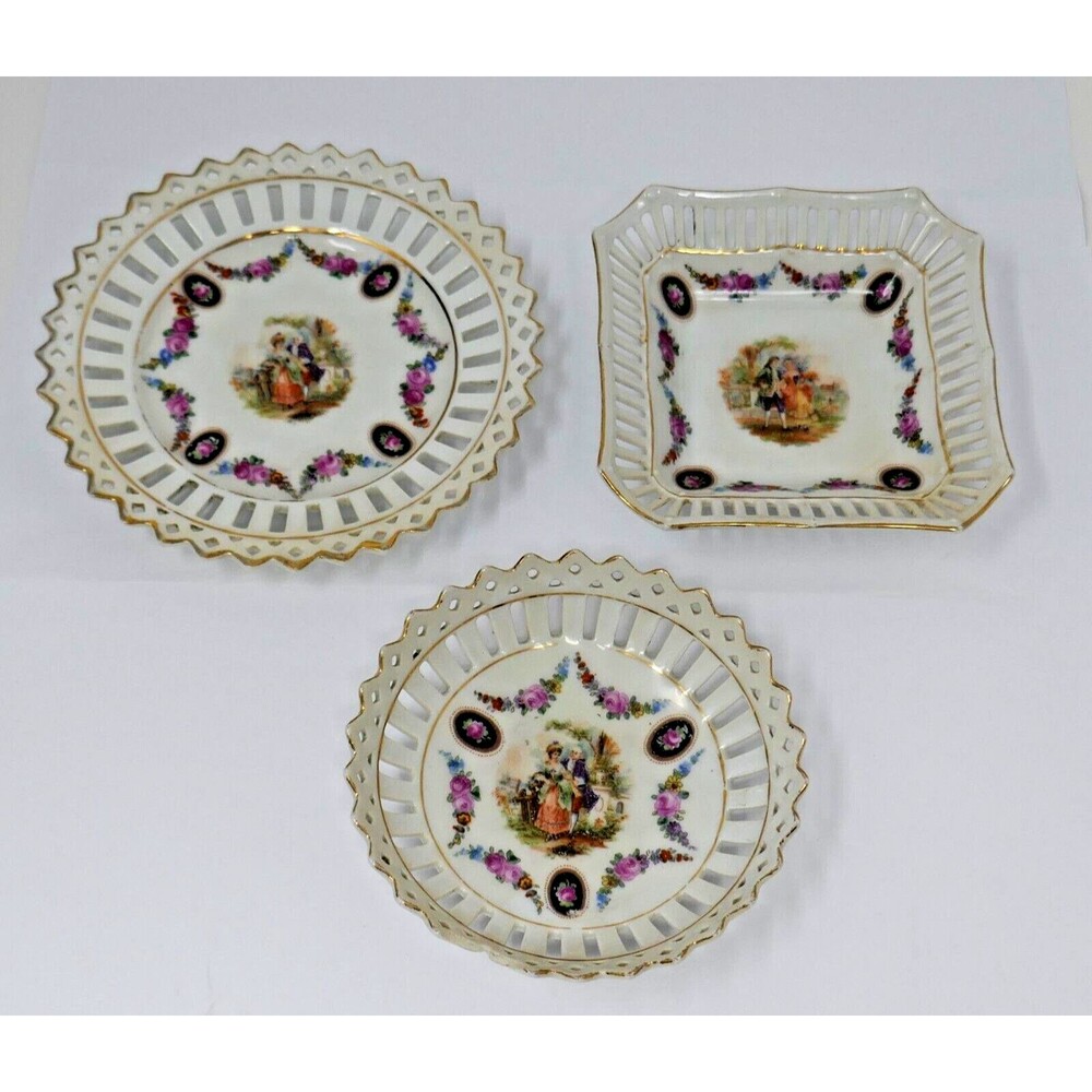 Schumann Bavaria Reticulated Porcelain Courting Couple Bowls & Plate